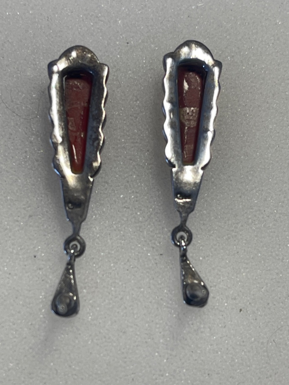 Carnelian Agate and Marcasite 1.5” dangle earrings stamped CW (Charles Winston?) - Picture 7 of 10